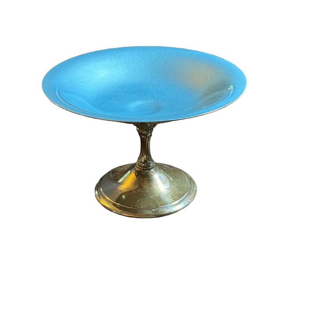 Reed & Barton Pedestal Bowl 7" Blue Silverplate Enamel Compote Dish Vintage